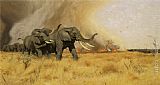 Wilhelm Velten Paintings - Elephants Moving Before a Veldt Fire by Wilhelm Kuhnert